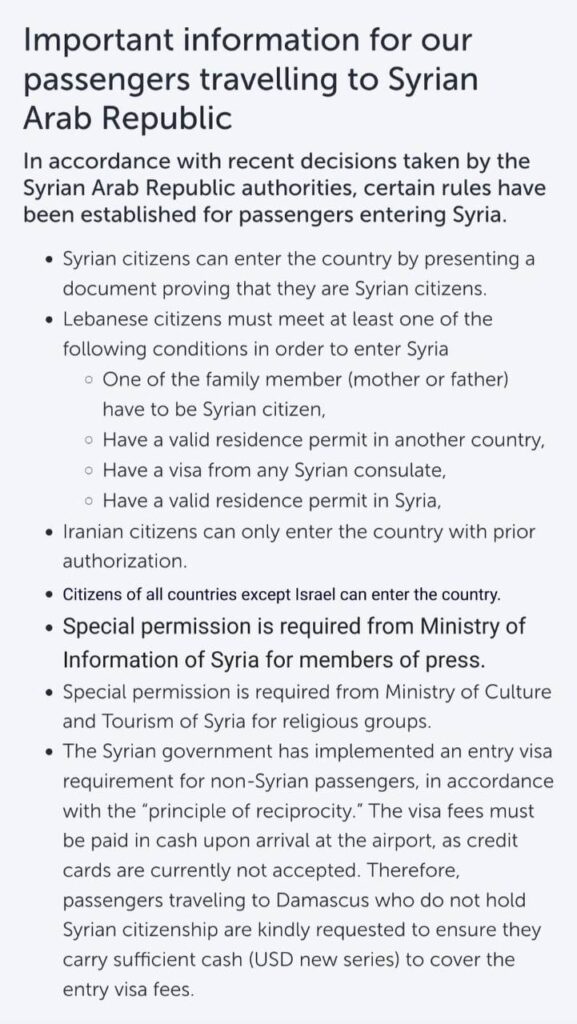 Turkish Airlines conditions to enter Syria